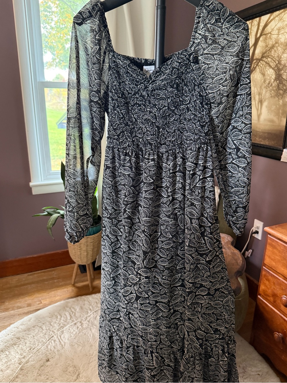Black Leaf-Print Smocked Long-Sleeve Midi Dress